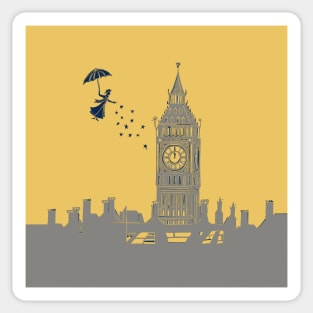 Mary Poppins and Big Ben Lino Print in Mustard and Grey Sticker